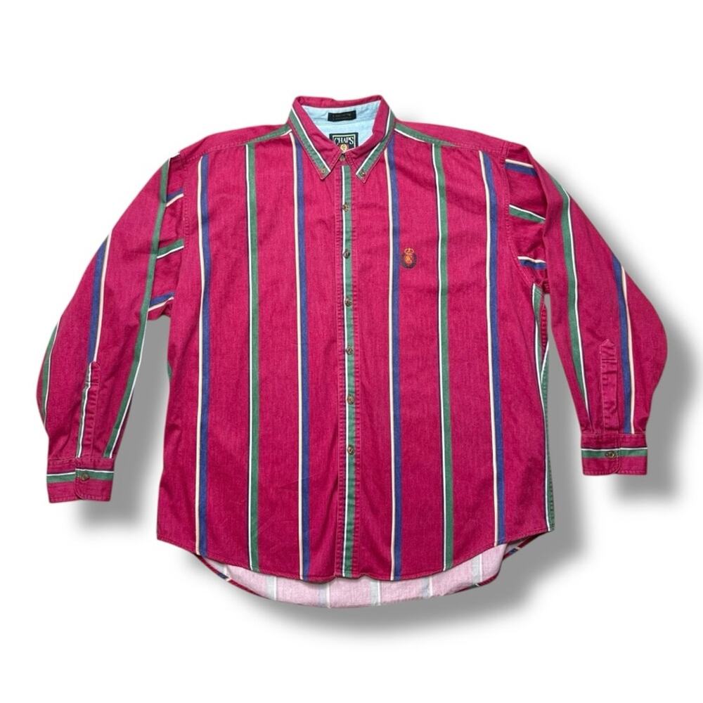 Vintage 90s Chaps X Ralph Lauren Striped Button Down Shirt XL Maroon Dad Holiday